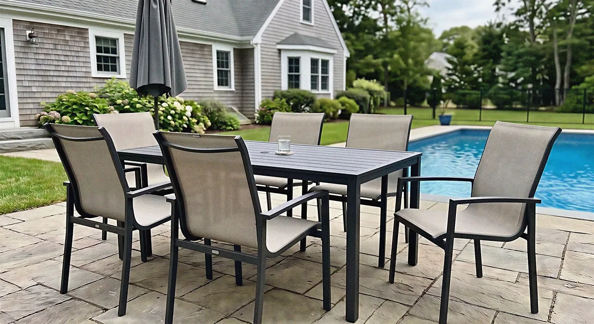 Six patio chairs with custom slings around a dining table by a pool, Cape Cod home