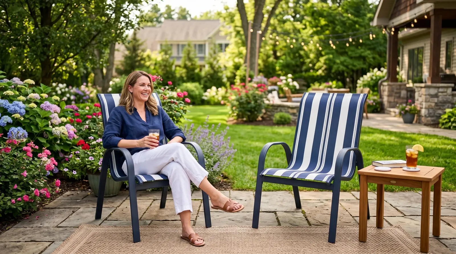 Woman relaxing in striped sling chairs in a cottage garden